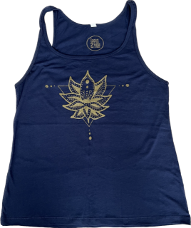 Navy Blue tank top for women, relax fit, screen printed gold shimmer lotus flower design on front