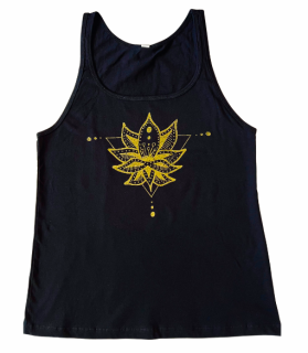Black tank top for women, relax fit, screen printed gold shimmer lotus flower design on front
