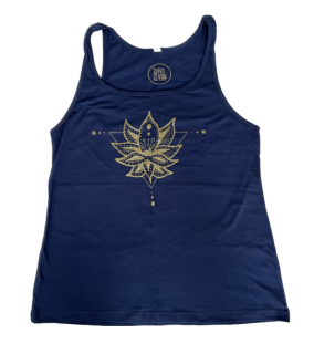 Navy Blue tank top for women, relax fit, screen printed gold shimmer lotus flower design on front