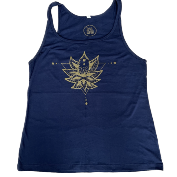 Navy Blue tank top for women, relax fit, screen printed gold shimmer lotus flower design on front