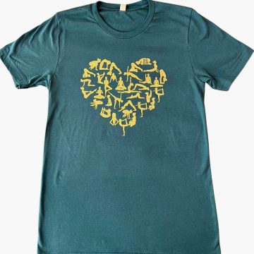 forest green unisex yoga t-shirt, screen printed with gold metallic yoga asanas