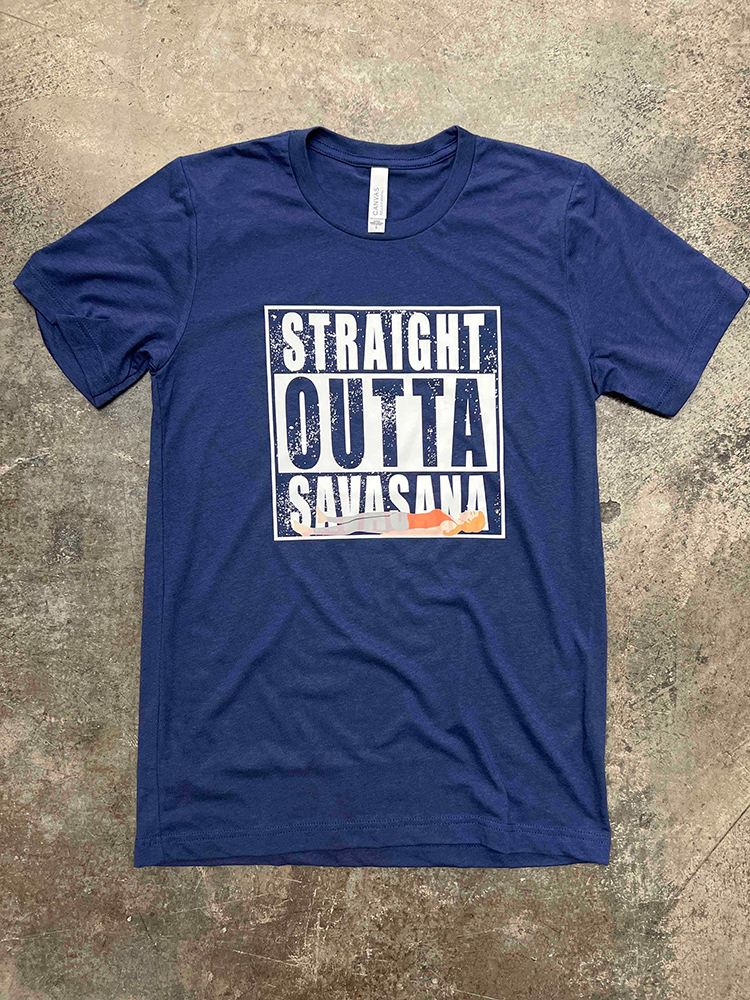 straight outta savasana navy t-shirt